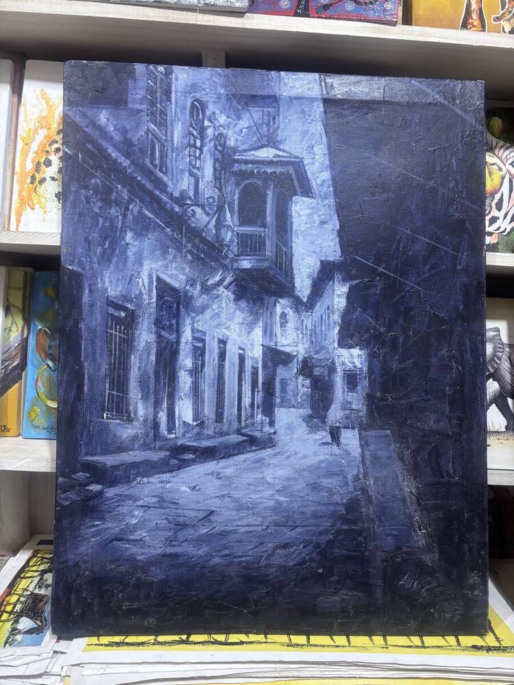Blue monochrome painting of a Stone Town street in Zanzibar by Tanzanian artist Aus