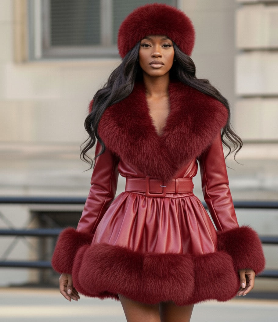 Woman wearing a red leather dress with fur trim and matching fur hat outdoors.