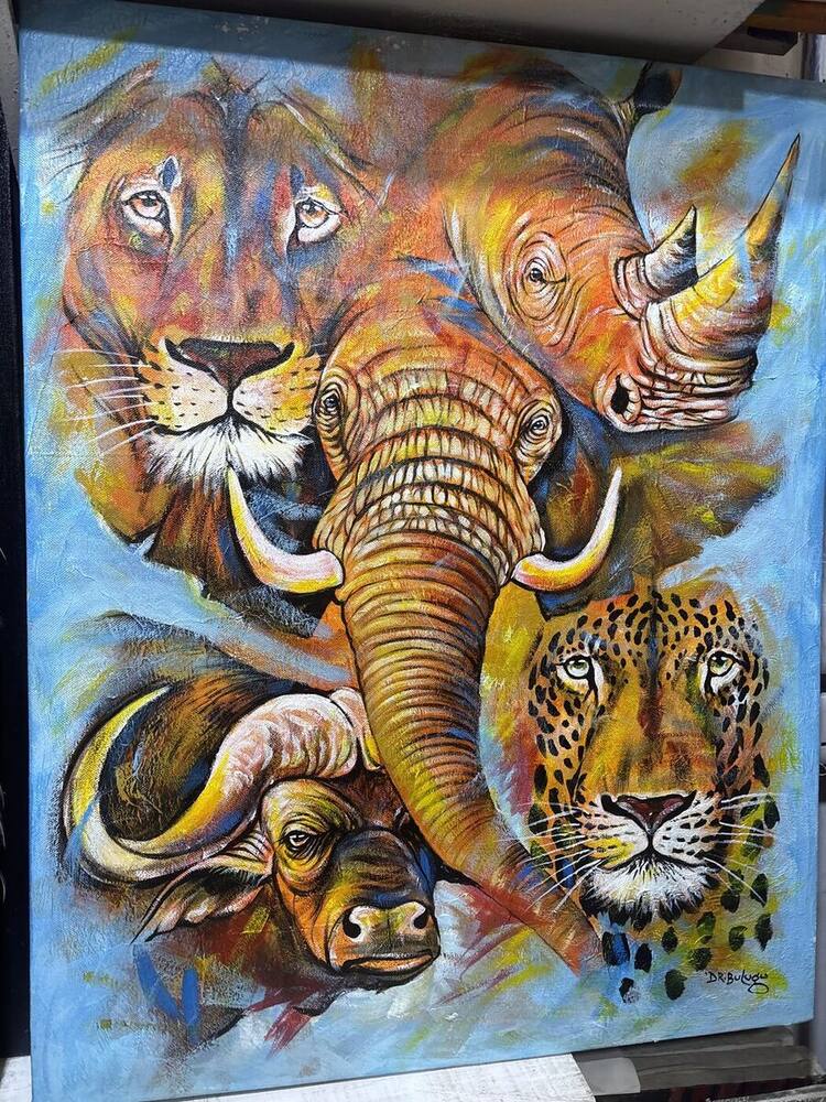The Big Five painting — lion, elephant, rhino, buffalo and leopard — original Tanzanian art by DrBuk