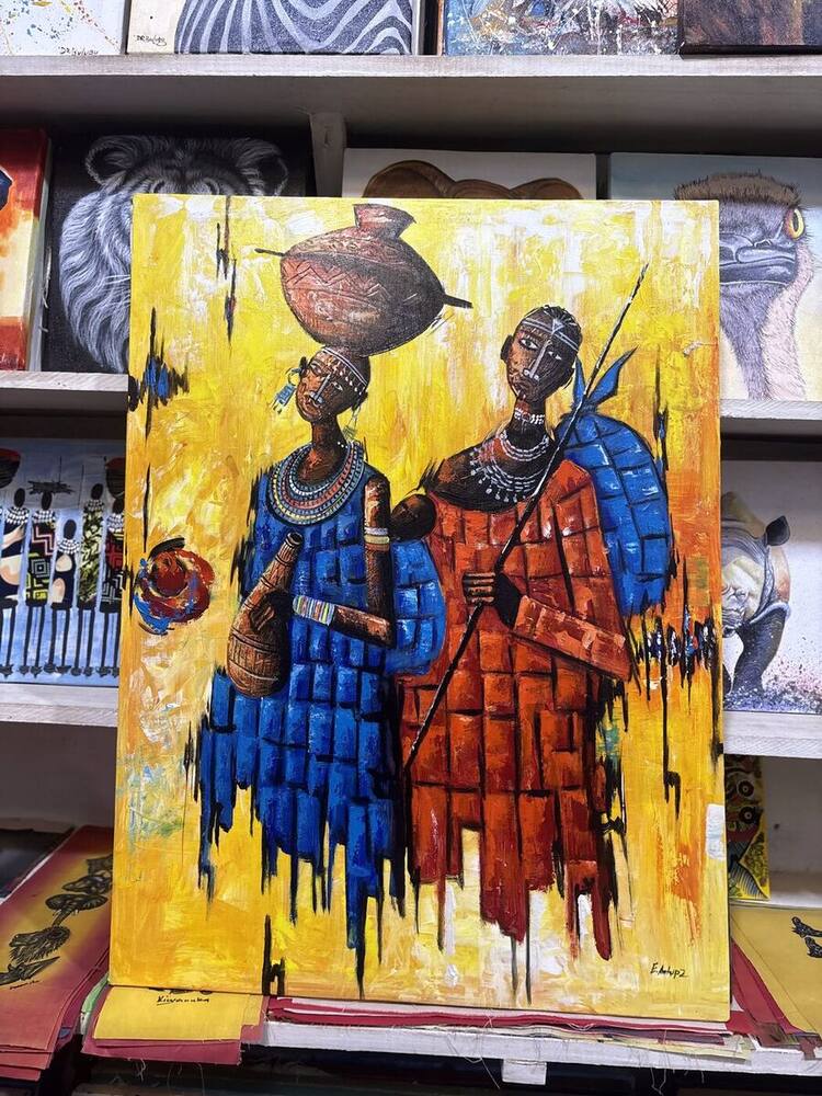 Two Maasai warriors in colorful abstract style on yellow, painting by Emmanuel Antupa (E.Antupa)