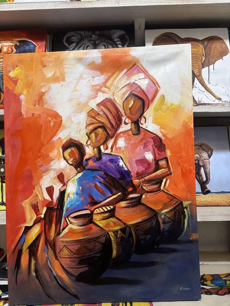 Abstract painting of women drummers in warm orange tones by Emmanuel Antupa (E.Antupa)