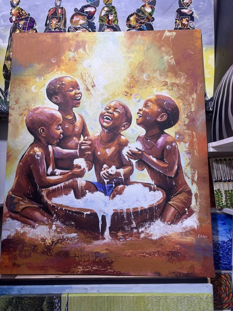 Children laughing and playing around a bowl, painting by Emmanuel Antupa (E.Antupa)