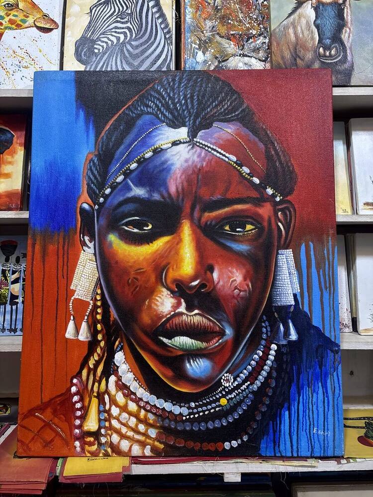Maasai portrait painting in red and blue by Tanzanian artist Emmanuel Antupa (E.Antupa)