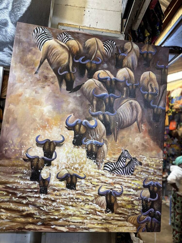The great migration — wildebeest and zebra herd painting, original Tanzanian art