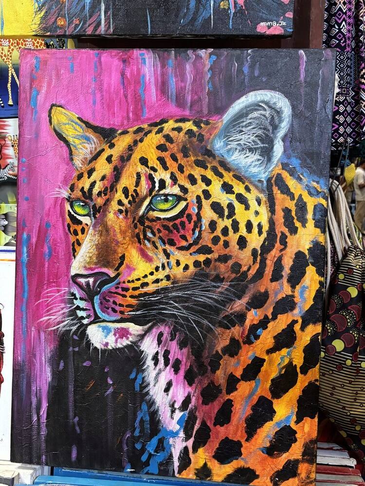 Leopard painting on vivid pink and magenta background, original Tanzanian art