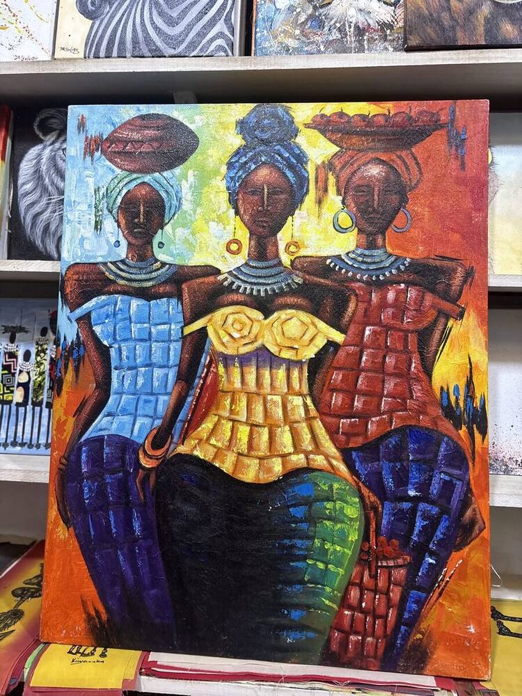 Three market women carrying baskets, colorful painting, original Tanzanian art