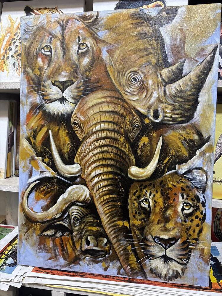 Big Five collage painting — lion, elephant, buffalo and leopard — original Tanzanian art