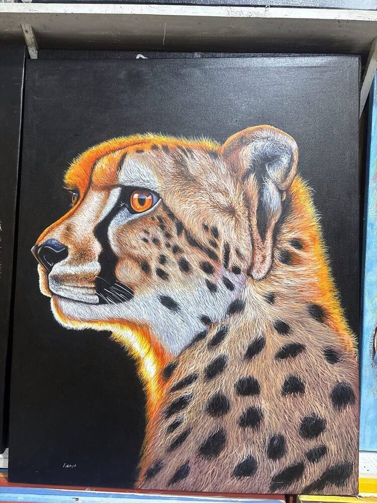 Cheetah profile portrait on black background, original Tanzanian art