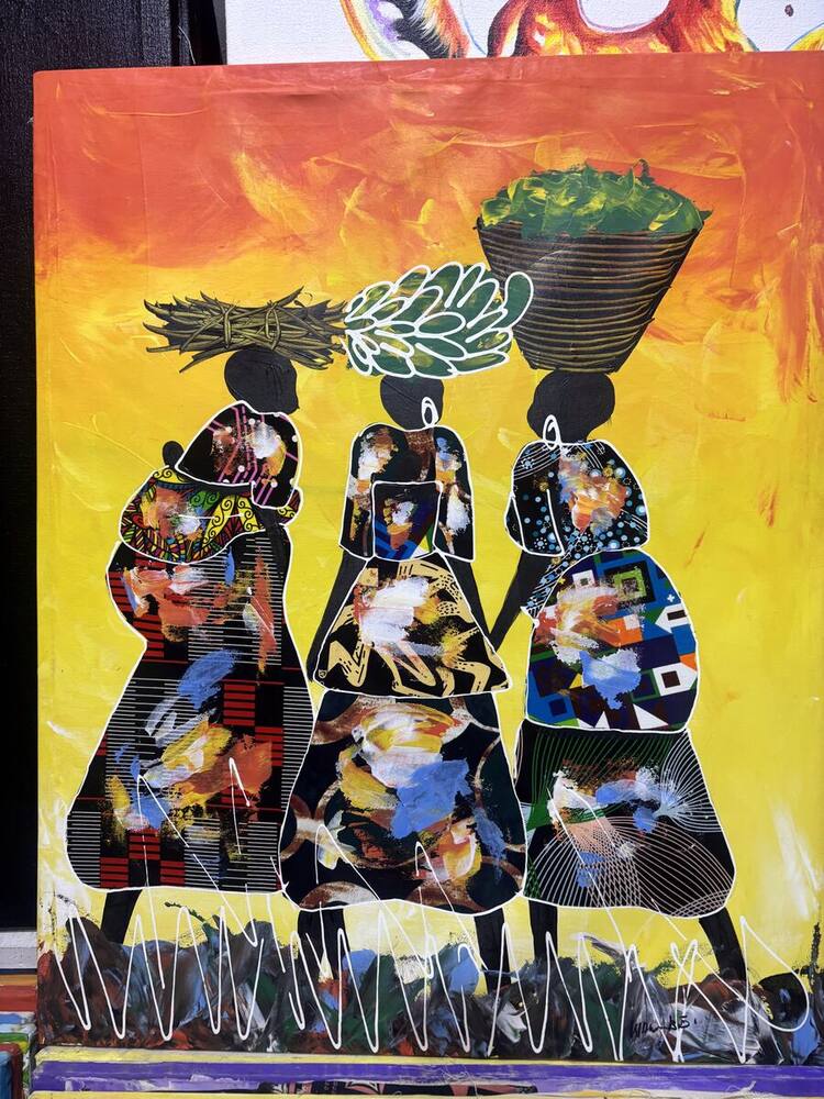 Three women carrying harvest baskets at sunset, original Tanzanian painting