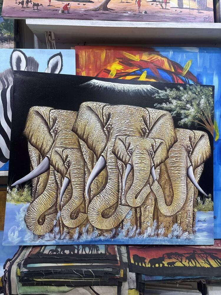 Elephant herd in golden relief style, original Tanzanian painting