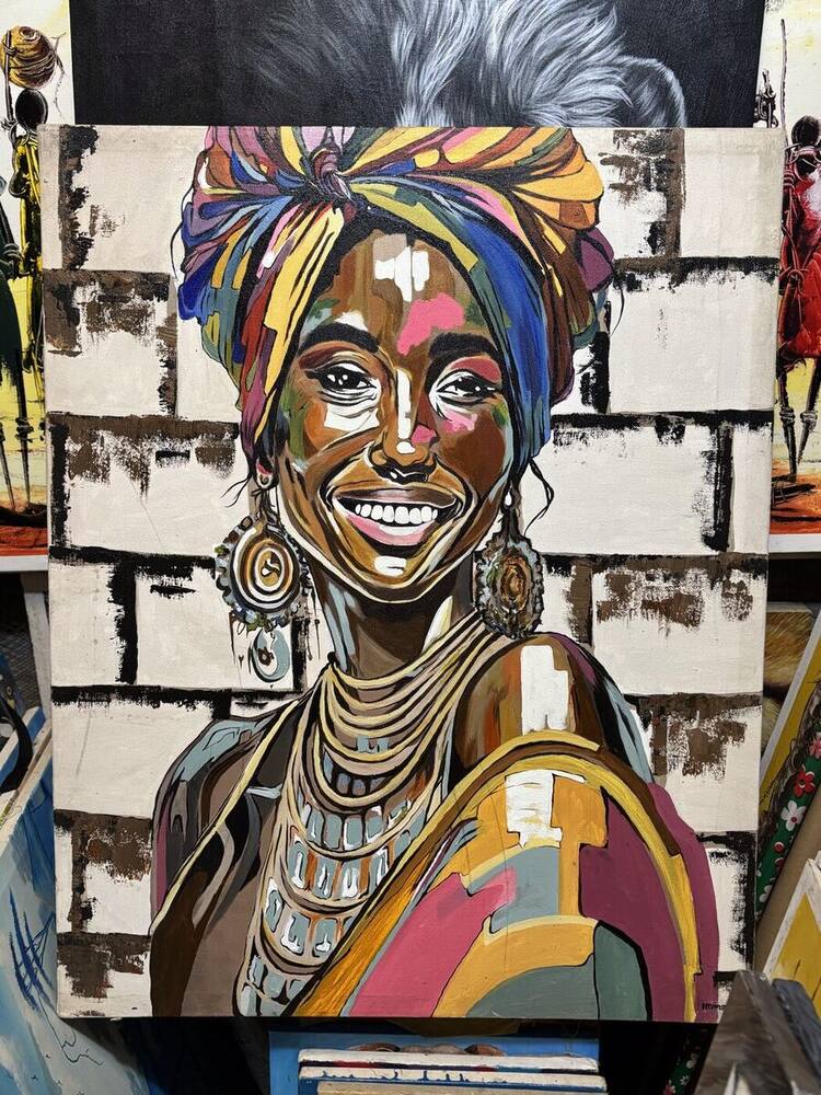 Portrait of a smiling woman in a colorful headwrap, original painting by Tanzanian artist Imma