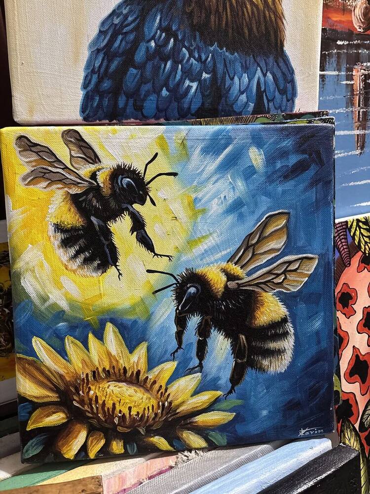 Bees and sunflower painting in blue and gold by Tanzanian artist Karim