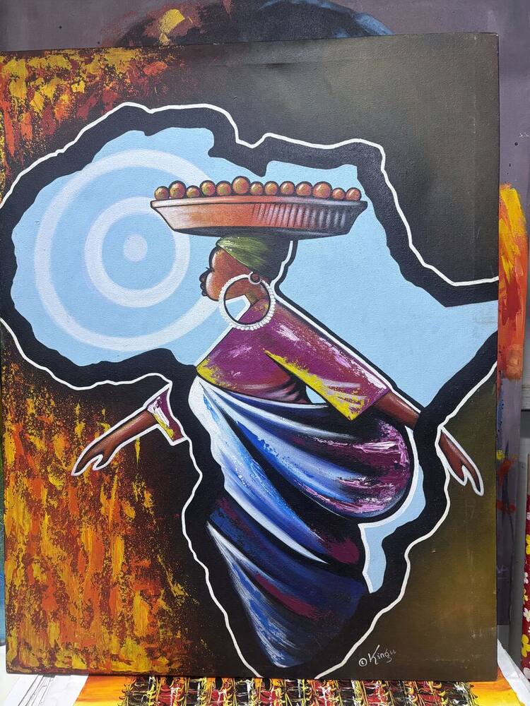 Woman carrying a basket within an outline of Africa, painting by Tanzanian artist Kingu