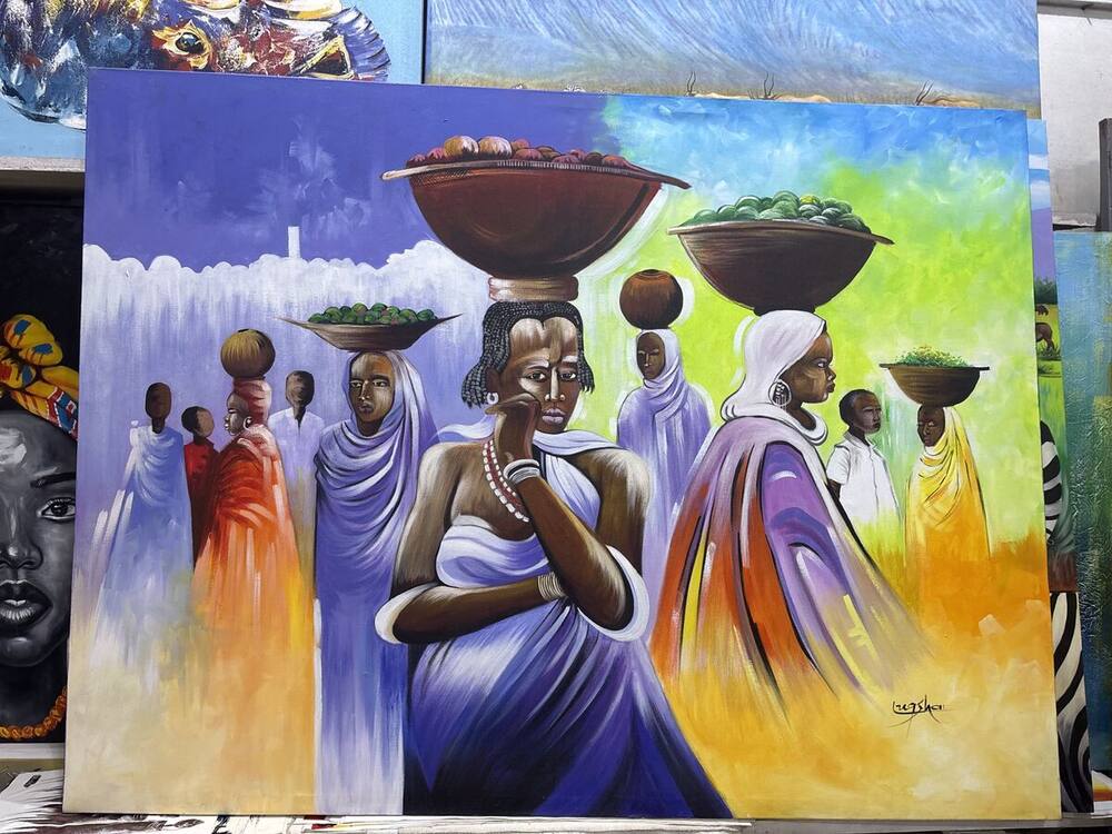 Women gathering with baskets in bright colors by Tanzanian artist Lugsha