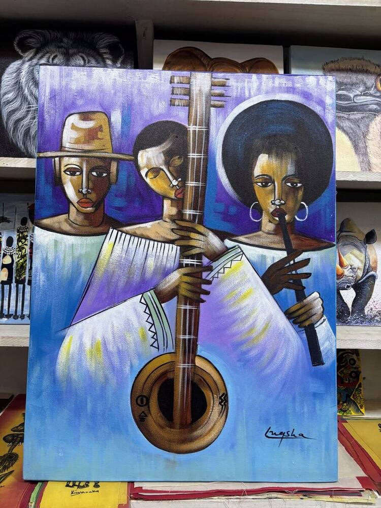 Abstract painting of musicians with guitar in purple and blue by Tanzanian artist Lugsha
