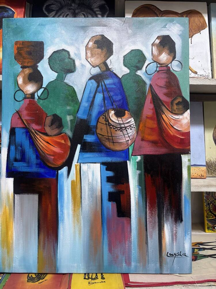 Mothers carrying children in colorful patterns by Tanzanian artist Lugsha