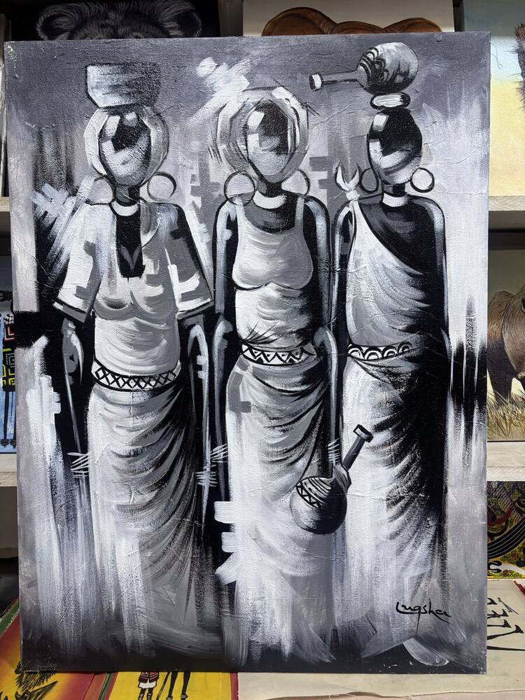 Black and white painting of three women with pots by Tanzanian artist Lugsha