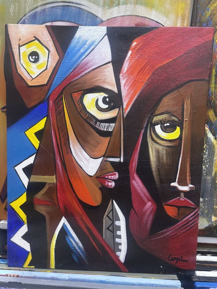 Cubist painting of two faces in red and blue by Tanzanian artist Lugsha