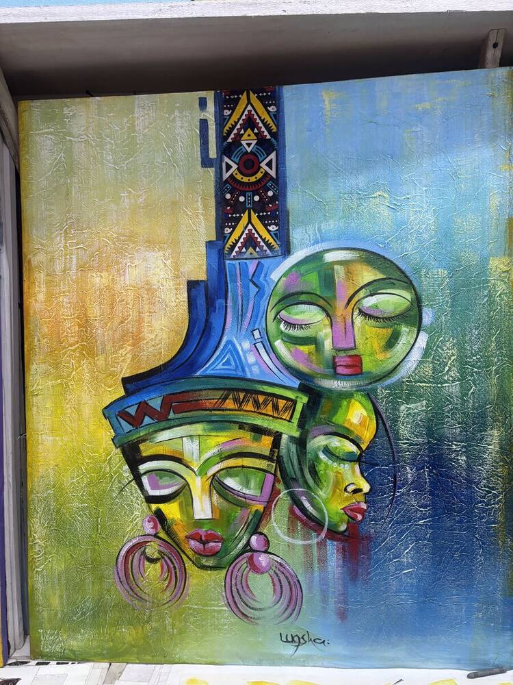 Green traditional masks painting by Tanzanian artist Lugsha