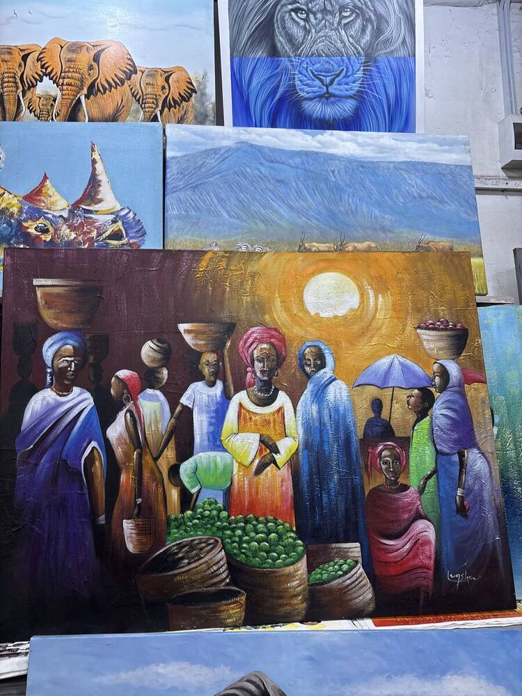 Colorful village market gathering by Tanzanian artist Lugsha