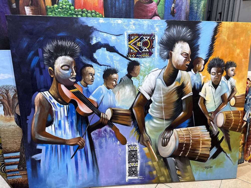 Young musicians with violin and drums by Tanzanian artist Lugsha