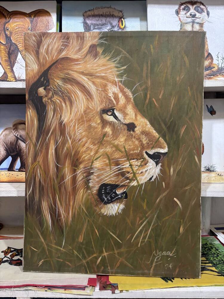 Lion profile portrait painting by Tanzanian artist Ngaa