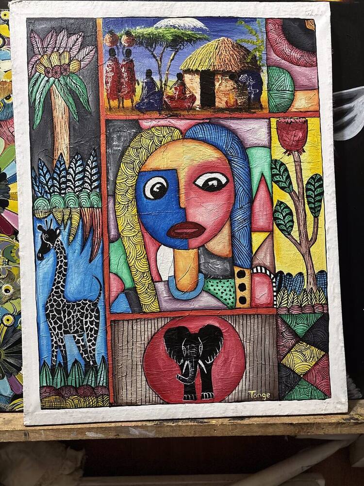 Colorful village life painting with giraffe and elephant by Tanzanian artist Tonge