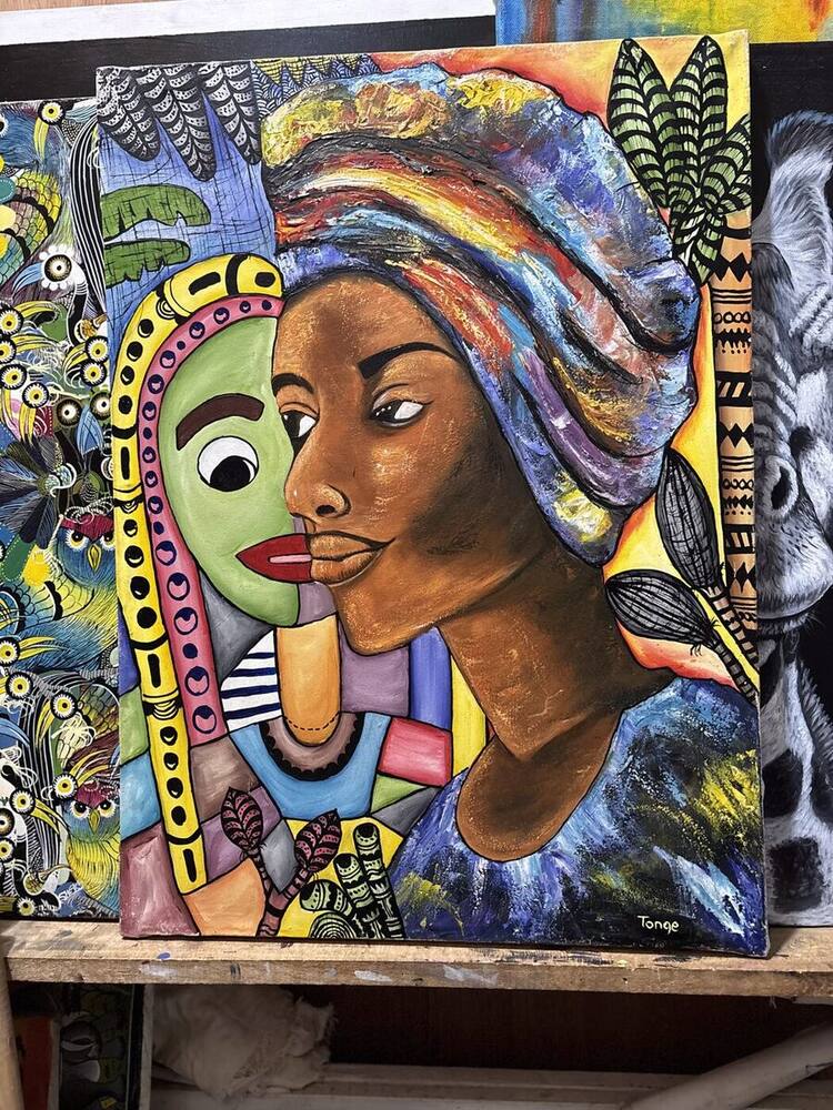 Portrait of a woman in headwrap with abstract patterns by Tanzanian artist Tonge