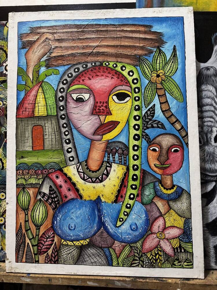 Colorful patterned village faces painting by Tanzanian artist Tonge
